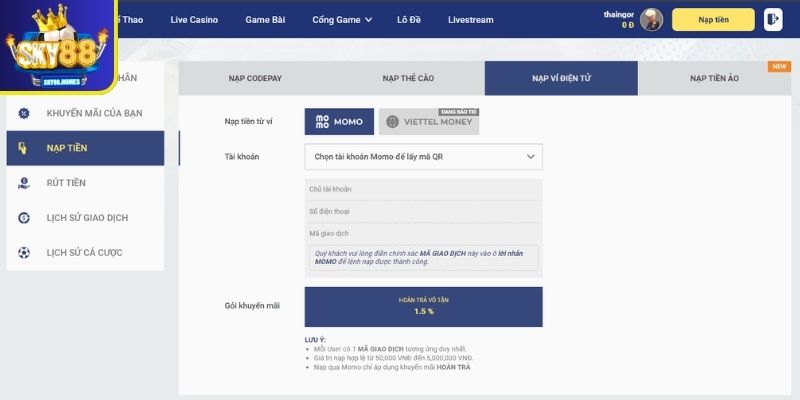 Điều kiện và lưu ý khi nạp tiền SKY88