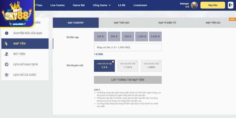 Nạp tiền qua Internet Banking